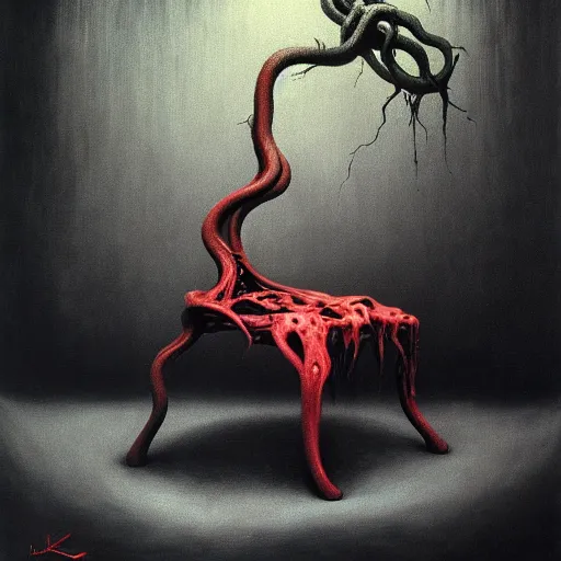 Prompt: horrifying eldritch gaming chair, painting by zdzisław beksinski, product photograph, 4 k, dark atmosphere, horror, rot, oozing, tendrils