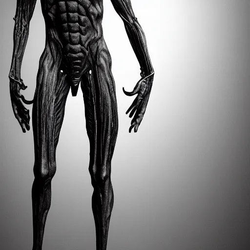 Image similar to photorealistic detailed tall skinny humanoid creature, extremly detailed, black and white, 8 k, realistic, sharp focus, cosmic horror creature, cosmic horror