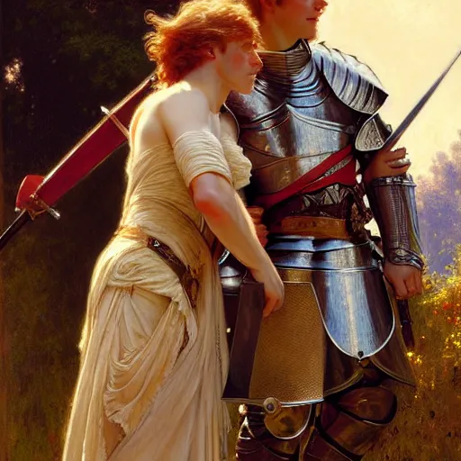 Image similar to attractive arthur pendragon and his attractive male knight, they are in love, natural lighting, path traced, highly detailed, high quality, digital painting, by gaston bussiere, craig mullins, alphonse mucha j. c. leyendecker