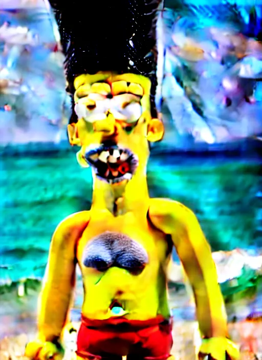 Prompt: professional photo of bart simpson, with muscular fit body and very very very detailed face, on the beach at noonday, blur background, original simpsons cartoon style