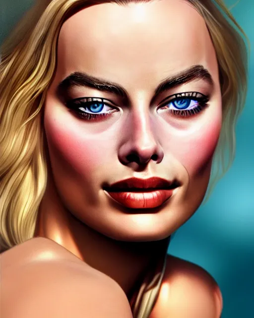 Image similar to Full view realistic portrait of actress margot robbie, detailed and realistic, soft lighting, intricate details, realistic, full view, Artstation, CGsociety