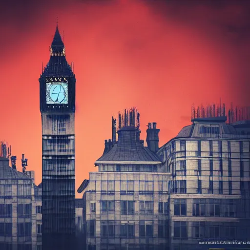 Prompt: A woman wearing a trench coat,a black hat and red high heels flying high in the sky above the tall buildings,the Big Ben is in background, top down perspective,gloomy lighting,creepy atmosphere,digital art , highly detailed , high contrast, beautiful lighting, award winning , trending on art station, 8k, photo realistic