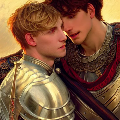 Image similar to attractive arthur pendragon and his favourite attractive male knight, they are in love, camelot, natural lighting, path traced, highly detailed, high quality, digital painting, by gaston bussiere and ross tran and j. c. leyendecker and alphonse mucha