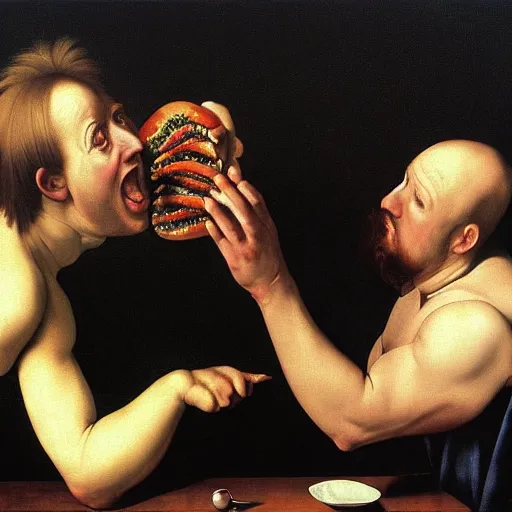 Prompt: Alex Jones desperately reaching for a hamburger, oil painting by Caravaggio