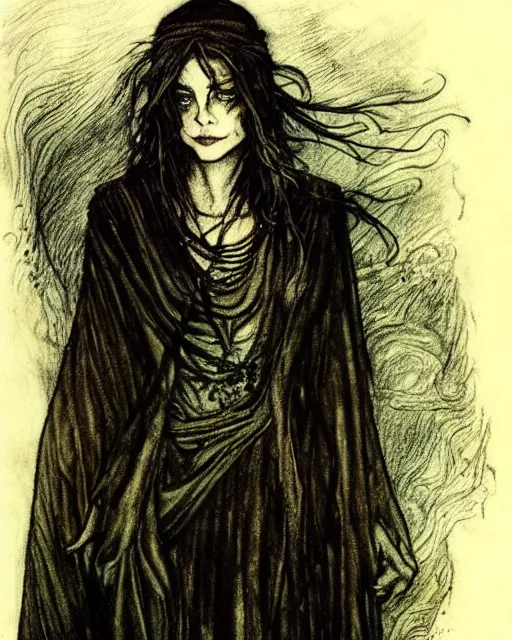 Image similar to style of arthur rackham : : gorgeous willa holland : : evil witch, swirling black magic, black dress : : symmetrical face, symmetrical eyes : : full body pose : : gorgeous black hair : : magic lighting, low spacial lighting : :