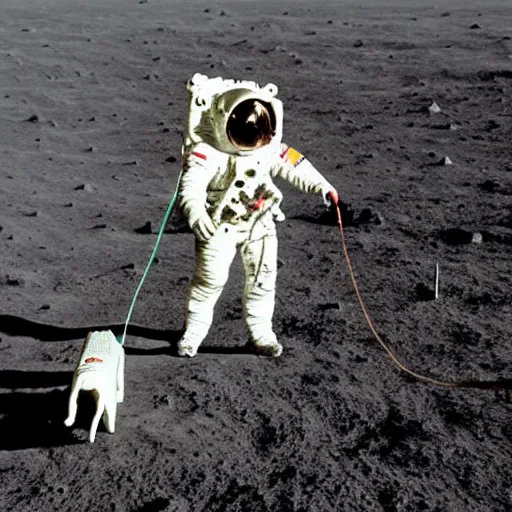 Prompt: a man without his space suit taking his dog for a walk on the moon near the human settlement