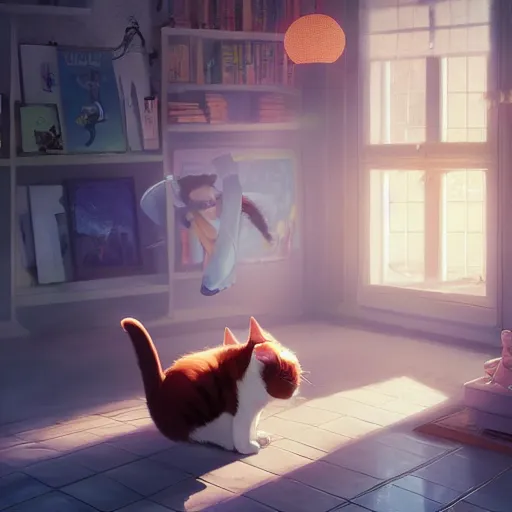 Prompt: a cat playing around in a room contains a man. digital art. artstation. realistic. vibrant. illustration. in the style of pixar movie. octane render. art by makoto shinkai, stanley artgerm lau, wlop, rossdraws. volumetric lighting.