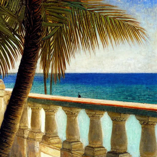 Image similar to a ultradetailed beautiful painting of a old boat in the amazonas palace balustrade designed by jules bastien - lepage, tarsila do amaral, frank weston and gustave baumann, beach, trending on artstation, mediterranean, palm trees, sharp focus, soft light, 8 k 4 k