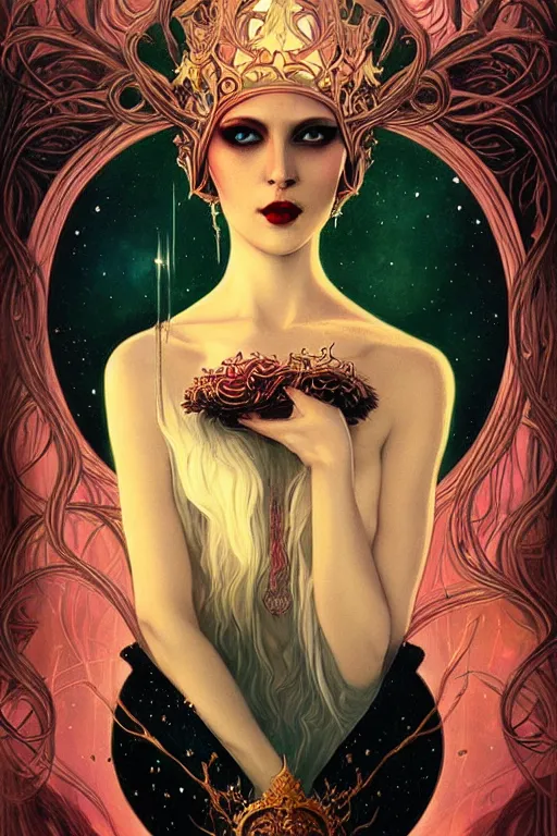 Prompt: jeweled Crown, other worldly, cruel and dark, art nouveau, by Anato Finnstark, Tom Bagshaw, Brom