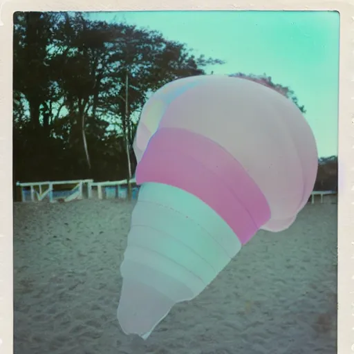 Image similar to a pastel colour Polaroid photo from a holiday album at a seaside abstract inflatable parachute object, all objects made of transparent iridescent Perspex no people, nostalgic