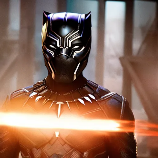 Prompt: cinematic film still of Ryan Gosling as Black Panther wearing his armour without the helmet in Avengers: Endgame