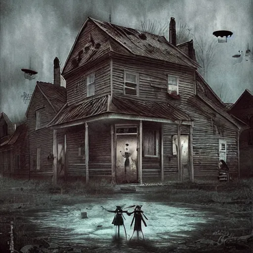 Image similar to Stunning 35mm empty town by Ejsing, Jesper. Full of ghostly children floating above the houses, photography, surrealism, dark, fantasy, Crewdson, Gregory