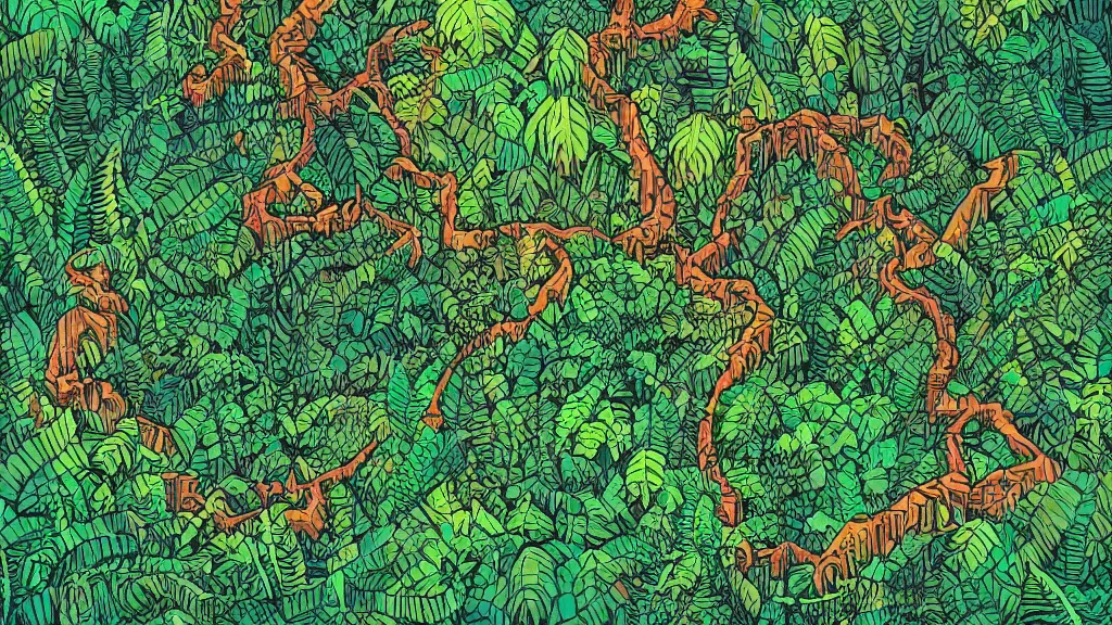 Image similar to a dense amazon rainforest jungle by dan mumford