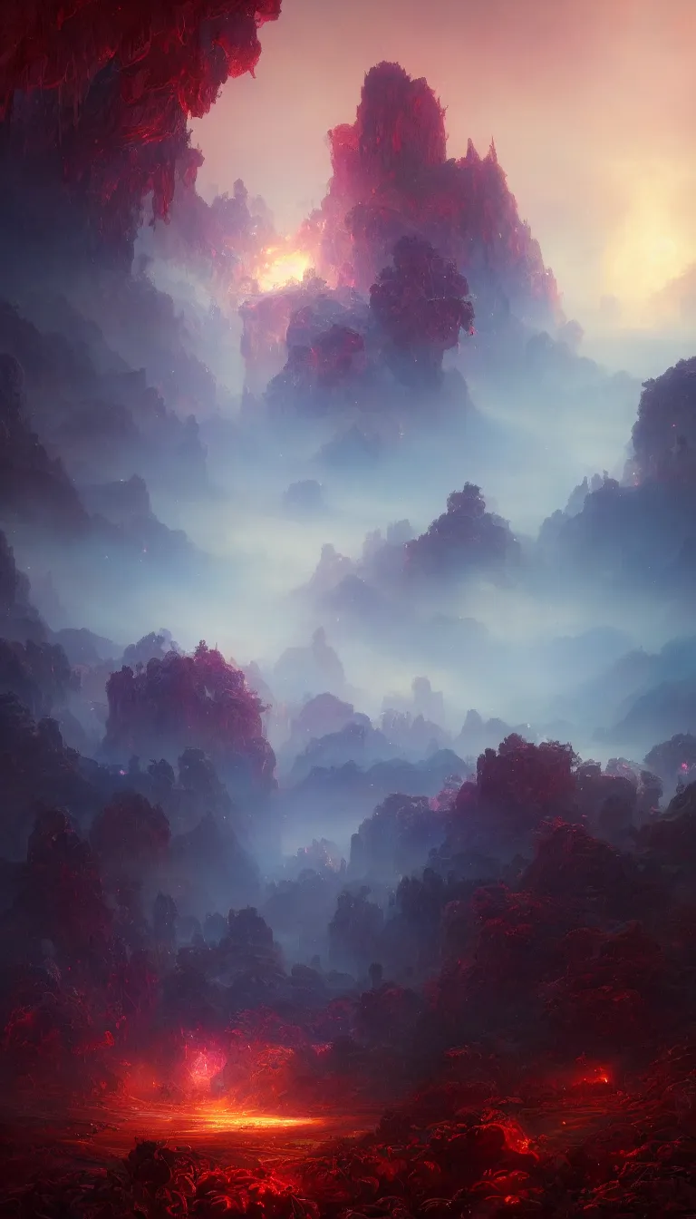 Image similar to luscious fibrous world made of mystical magical energy colorized as blue, red, and purple, illustrated by Greg Rutkowski and Gaston Bussiere, loquacious lighting, volumetric lighting, beautiful photography, landscape imagery, Trending on artstation, 4k, 8k.