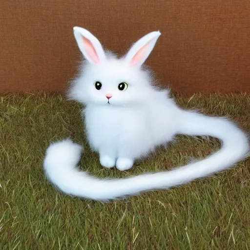Prompt: bunny - cat hybrid with long curly white fluffy fur and extra long tail, by hayao miyazaki