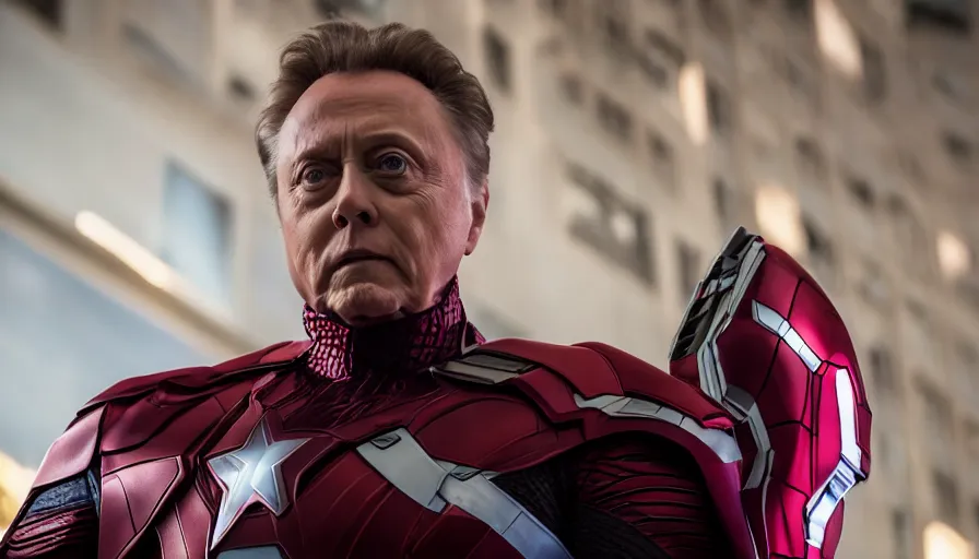 Prompt: portrait cosplay Christopher Walken asa Marvel Superhero in Avengers movie, photography 4k, ultra wide, f1.8 anamorphic, bokeh, 4k,