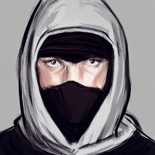 Prompt: a highly detailed headshot portrait of a man wearing a balaclava with a hoodie, concept art