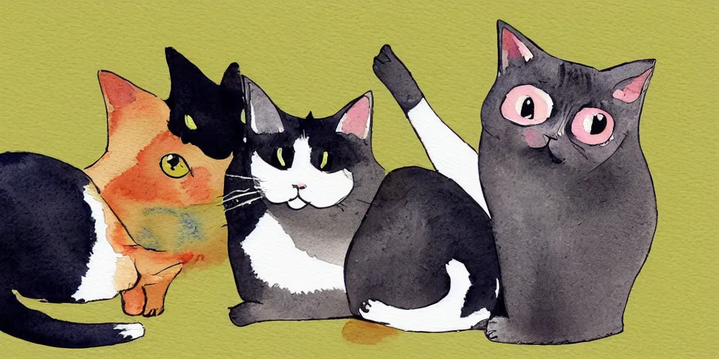 Image similar to watercolor illustration style, cute cat call to another cat by mobile phone