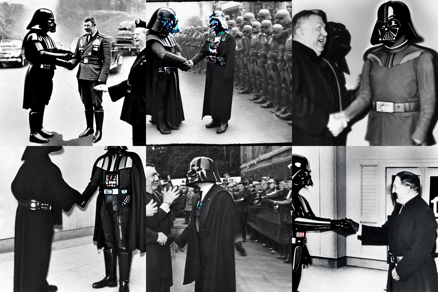 Prompt: ww2 photo of darth vader shaking hands with a happy adolf hitler, paparazzi shot