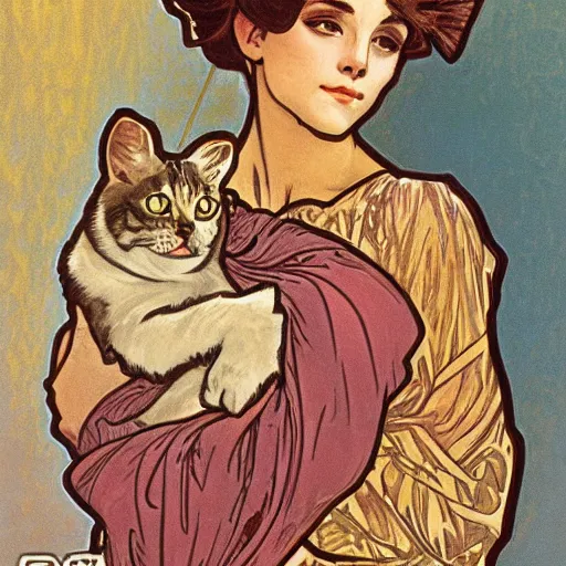 Image similar to a cat in the style of alphonse mucha