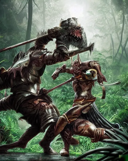 Image similar to a strong knight is facing a horrific, ravenous tiger in a densely overgrown, eerie jungle, fantasy, stopped in time, dreamlike light incidence, ultra realistic