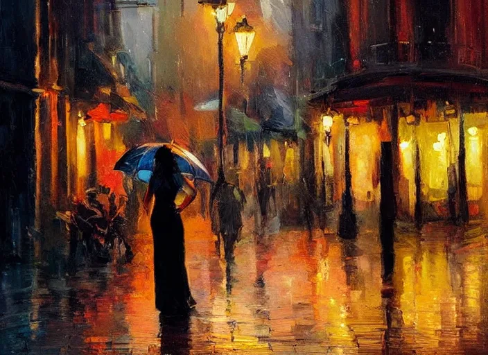 Prompt: evening city scene with young woman with umbrella held up slightly. beautiful use of light and shadow to create a sense of depth and movement. using energetic brushwork and a limited color palette, providing a distinctive look and expressive quality in a rhythmic composition