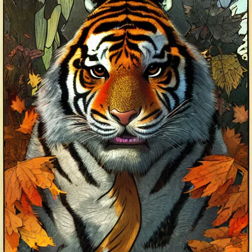 Image similar to a highly detailed portrait of cartoon tiger, sweating and flapping fan, autumn leaves on the ground, concise lines, ultradetailed environment, sharp focus, cinematic lighting, character art, 8 k, by alphonse maria mucha and kim jung gi