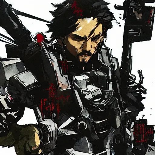 Prompt: hero sitting on a chair holding a sword on his back, looking at a army in the background illustrated by yoji shinkawa, pencil art, extra detail, dynamic, colored, blood, metal swords, sharp lines, textures, cyberpunk, handsome face