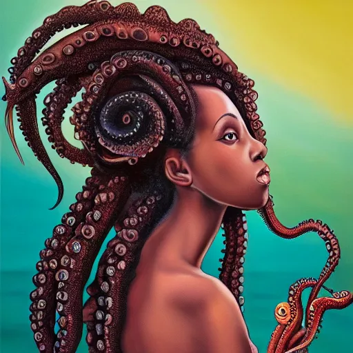 Prompt: rastafari woman with octopus arms as hair, oil on canvas, intricate, elegant, highly detailed, digital painting, realistic shading, cinematic composition, hdr, photorealistic, 8 0 mm, concept art, sharp focus