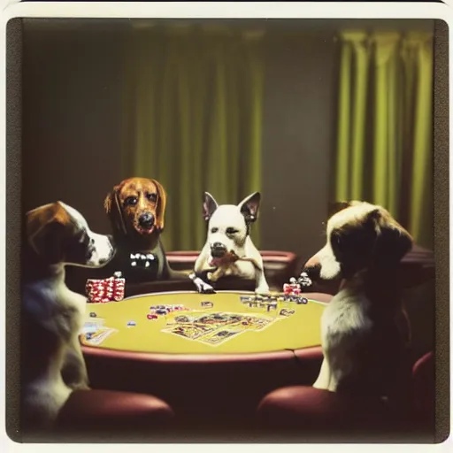 Prompt: “dogs playing poker in ((Las Vegas)),colour polaroid”