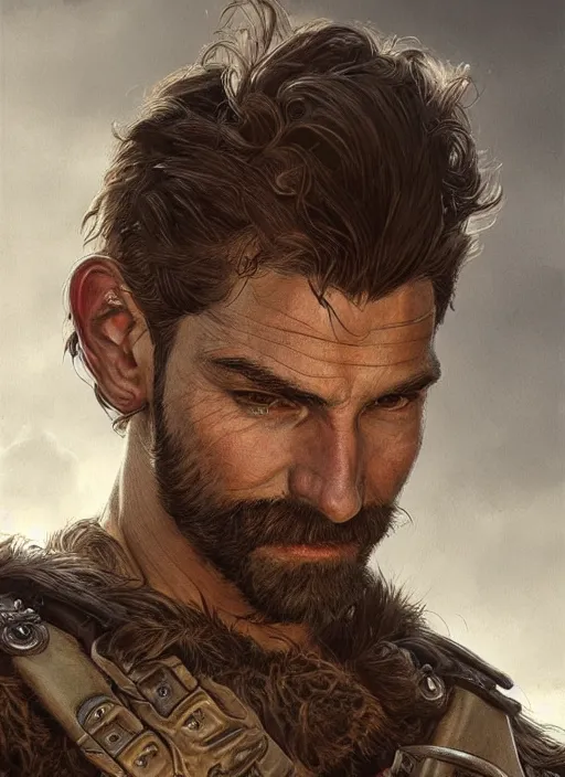 Image similar to portrait of a ruggedly handsome ranger, hands details, muscular, half body, leather, hairy, d & d, fantasy, intricate, elegant, highly detailed, digital painting, artstation, concept art, smooth, sharp focus, illustration, art by artgerm and greg rutkowski and alphonse mucha