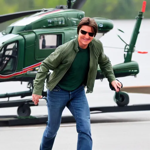 Image similar to Tom Cruise waving to fans. He's wearing bluejeans and a green jacket, Ralph Lauren. A helicopter is in the background. Shallow depth of field