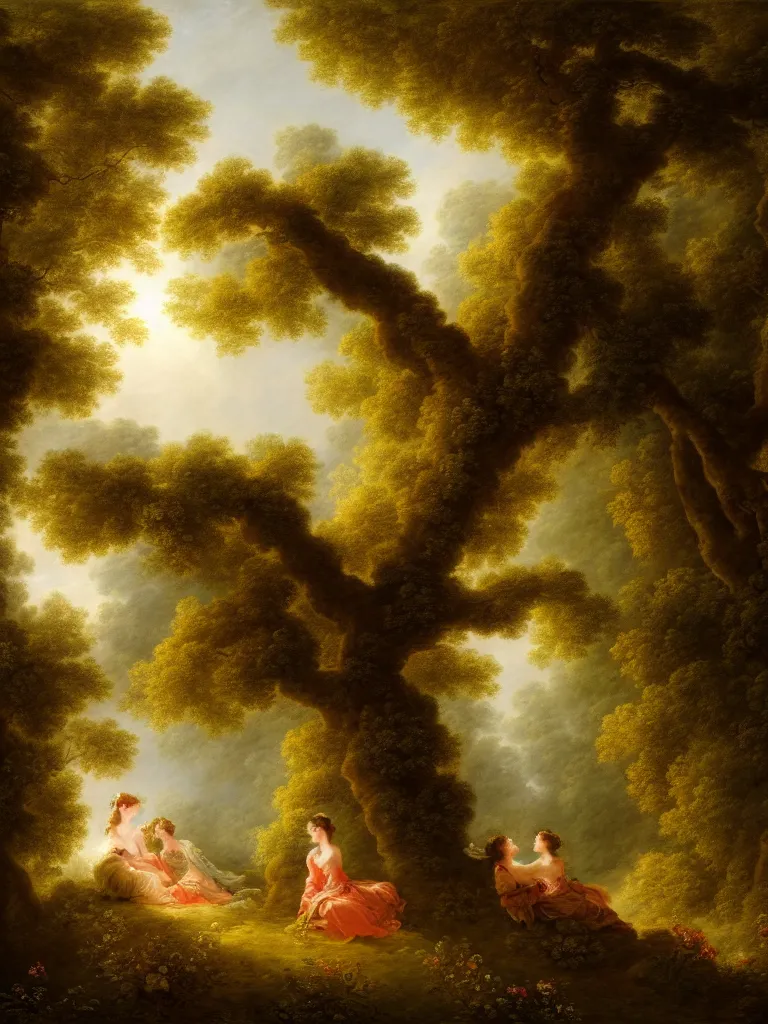 Prompt: painting of the secret lovers kissing against a tree, shaded forest, volumetric light, afternoon, light wind, wild flowers, chiaroscuro, john longstaff, jean - honore fragonard, francois boucher, anna dittmann, 4 k, 4 k