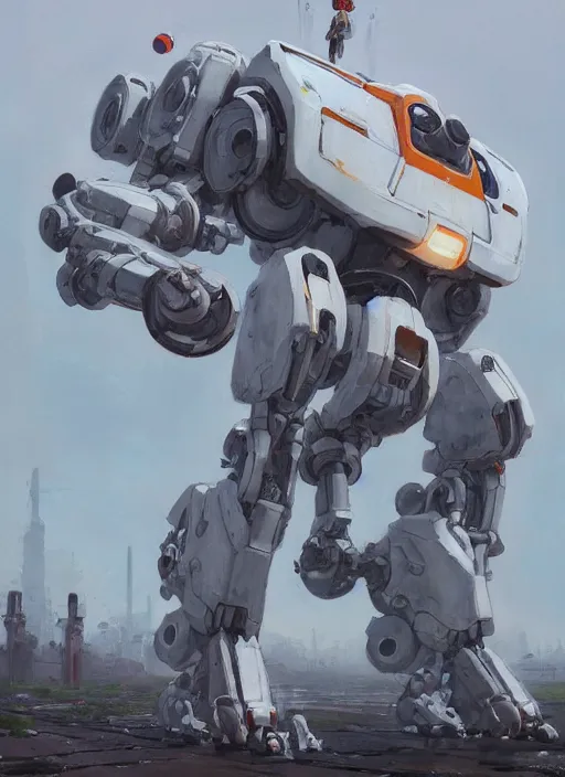 Image similar to an intricate oil painting of a giant pristine white mechsuit mecha mech with rounded components and tarpaulin cloak by simon stalenhag, by ian mcque inspired by nier : automata, clean white lab background