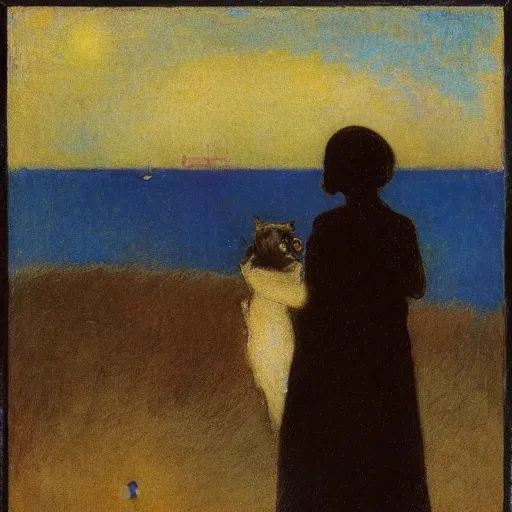 Image similar to a woman and her black and brown chihuahua looking out to sea by odilon redon