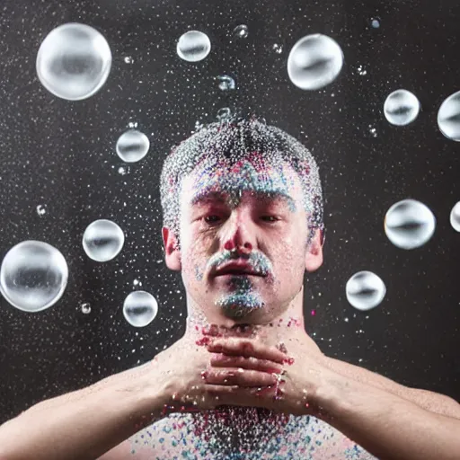 Prompt: a man covered in bubbles from head to toe