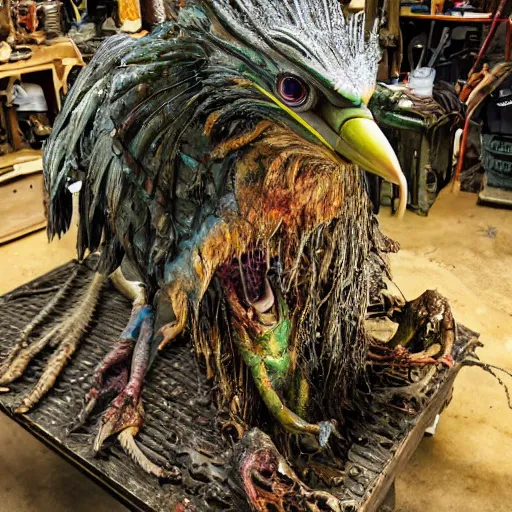 Prompt: photo taken of an epic intricate, ultra detailed, super realistic gritty, hero prop, exquisitely painted animatronic movie prop of a wet slimy grotesque nightmarish hellish winged avian creature displayed in the workshop, created by weta workshop, full body shot, photorealistic, sharp focus