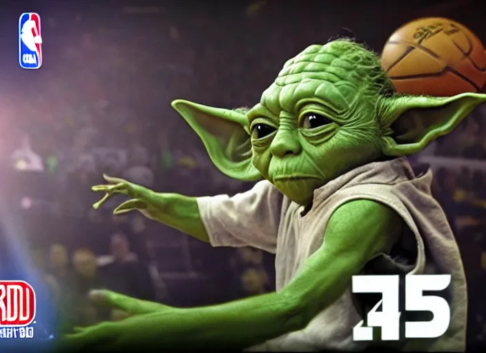 Image similar to ESPN still of Yoda playing in the nba playoffs live on espn, 4k