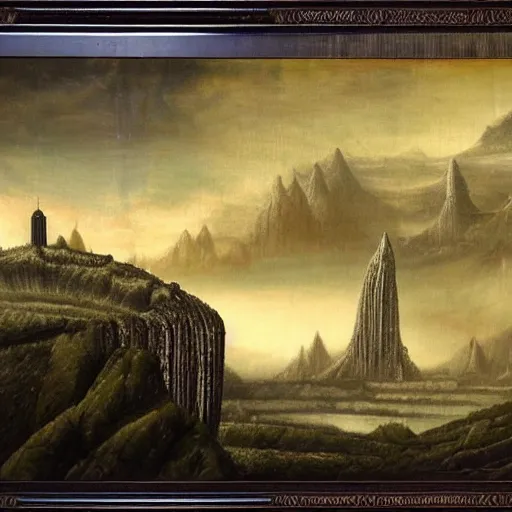 Image similar to a building in a stunning landscape by by H R Giger