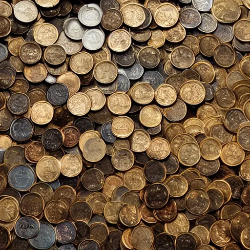 Prompt: An enormous treasure trove filled with several piles of coins in gold, silver and copper, wide shot, ultra-high definition, 4K, museum quality photo