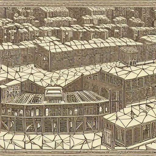 Prompt: Lithograph in the style of M.C. Escher of a miniature train on a model railroad in a geometric landscape of hyperbolic tessellations, elaborate, meticulous, accurate, highly detailed, intricate