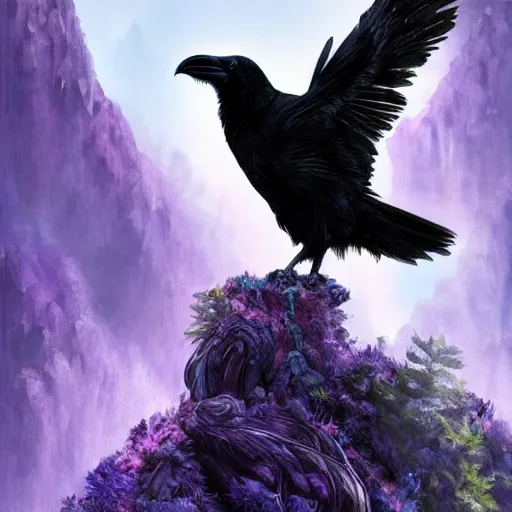 Image similar to portrait of a beautiful raven perched on purple crystals that are glowing in a misty valley, establishing shot, extremly high detail, foto realistic, cinematic lighting, by Yoshitaka Amano, Ruan Jia, Kentaro Miura, Artgerm, post processed, concept art, artstation, raphael lacoste, alex ross