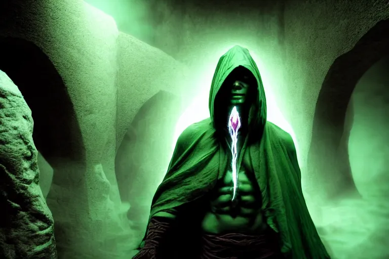 Image similar to vfx film, soul reaver, raziel irl, price of persia movie, missing jaw, hero pose, devouring magic souls, scarf, hood, glowing green soul blade, in epic ancient sacred huge cave temple, flat color profile low - key lighting award winning photography arri alexa cinematography, hyper real photorealistic cinematic beautiful, atmospheric cool colorgrade