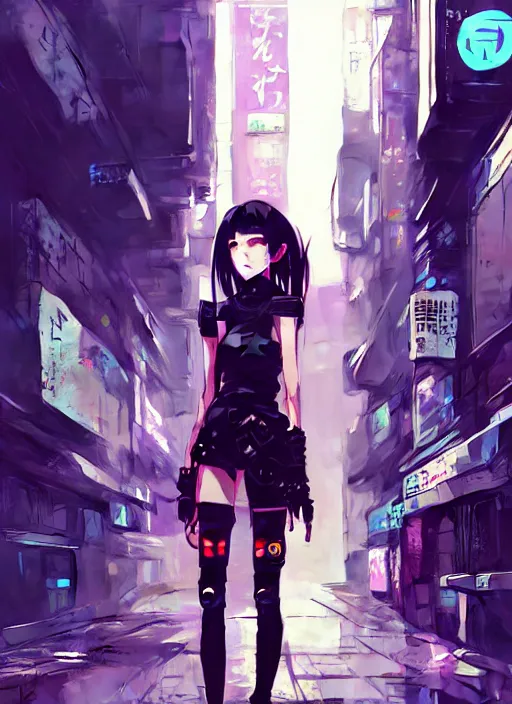 Image similar to hyper - realistic cyberpunk anime girl standing on tokyo street, extreme detail, alluring, in style of yoji shinkawa, pan ren wei, col price, atey ghailan, by greg rutkowski, by greg tocchini, by james gilleard, by joe fenton, by kaethe butcher, grunge aesthetic