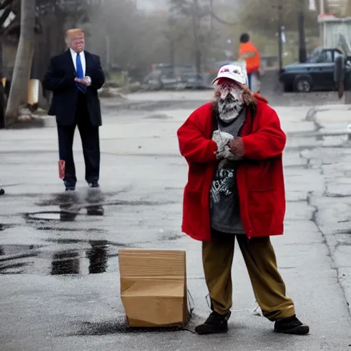 Image similar to donald trump dressed as a homeless man living in the slums