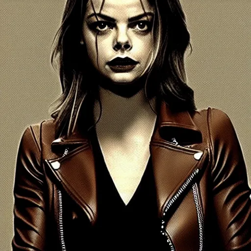 Prompt: in the style of Rafael Albuquerque art, Samara Weaving vampire, sharp teeth grin, sarcastic, brown leather jacket