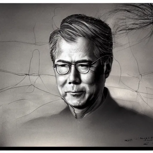 Image similar to Yoshitaka Amano realistic illustration of jeb bush ,hair fluttering in the wind, cracks on his face wearing Elden ring armour with engraving, abstract black and white patterns on the background, noisy film grain effect, highly detailed, Renaissance oil painting, weird portrait angle, blurred lost edges, three quarter view