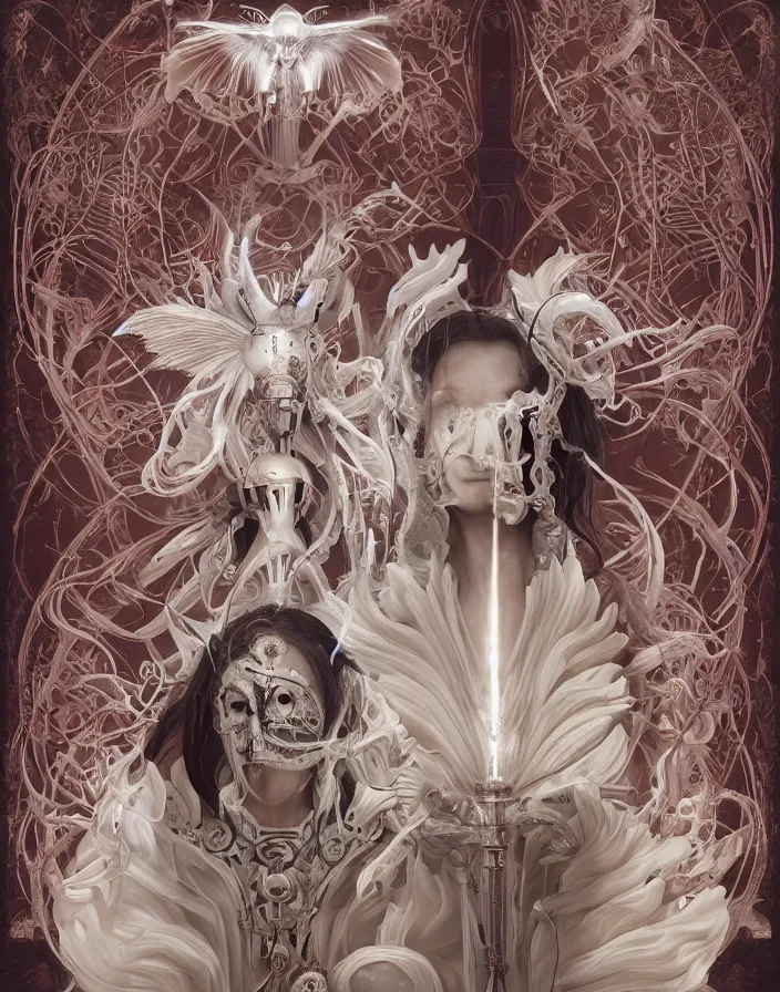 Prompt: symmetrical beautiful phoenix princess monk in robe face portrait in biomechanical mask of a cyberpunk demon by Roberto Ferri. Edison bulb. white plastic. human skull jellyfish butterfly phoenix head, beautiful flowers. burning water. baroque ornament details, intricate artwork by Tooth Wu and wlop and beeple and dan mumford and greg rutkowski. halo. octane render, cinematic, hyper realism, octane render, 8k, depth of field, bokeh. iridescent touch. vibrant. saturated. blade runner style