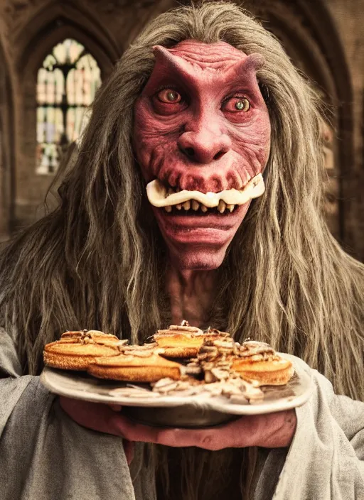 Image similar to closeup portrait of a medieval goblin eating cakes in the cloisters, depth of field, zeiss lens, detailed, symmetrical, centered, fashion photoshoot, by Annie Leibovitz and Steve McCurry, David Lazar, Jimmy Nelsson, Breathtaking, 8k resolution, extremely detailed, beautiful, establishing shot, artistic, hyperrealistic, beautiful face, octane render