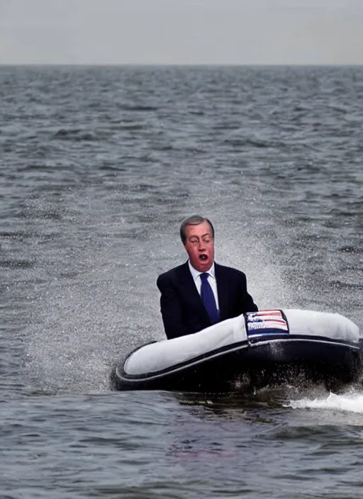 Image similar to Photograph of Nigel Farage crossing the British Channel in a sinking dingy, drowning, realistic, high quality, photography